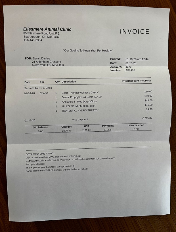 Customer receipt from Ellesmere Animal Clinic